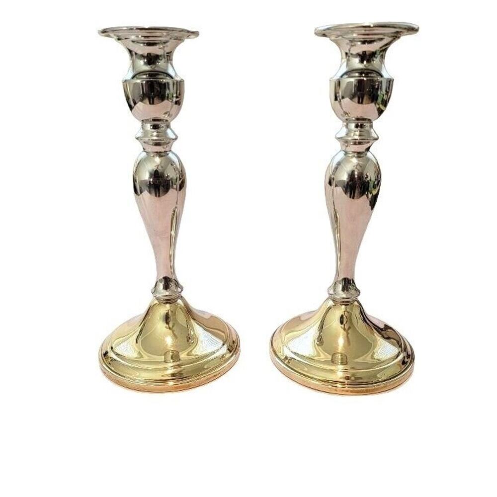 Candlestick Pair Two-tone Silver Brass‎ Web Pewter Weighted Formal Evening